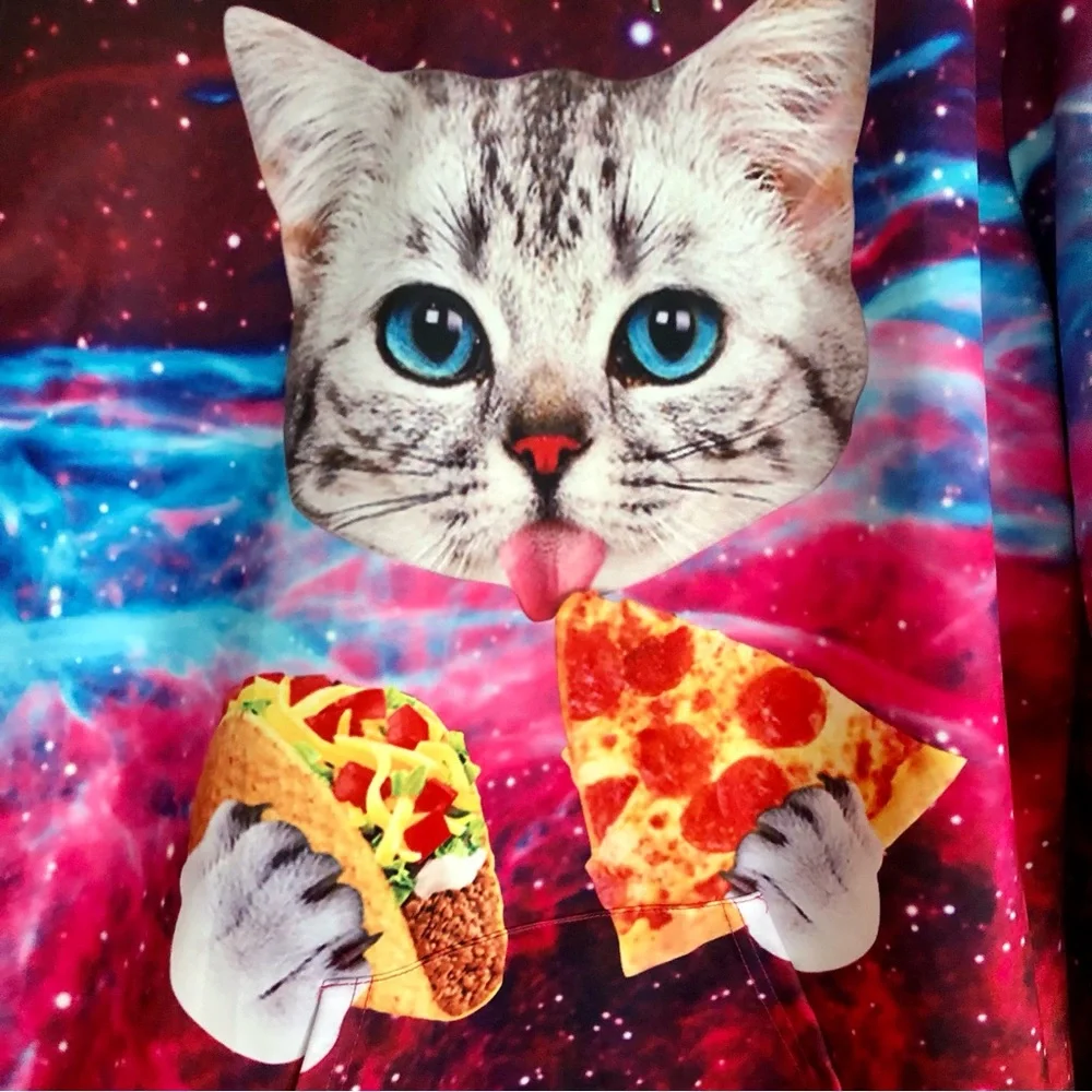 Cat Pizza Taco Galaxy Cosmic multicolor Hoodie Pink Purple pocket L/XL - Picture 4 of 8